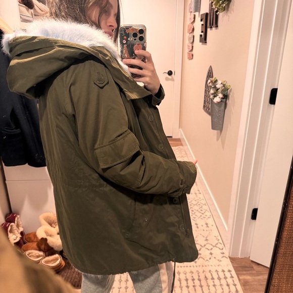 Women’s khaki parka coat blue fur lining medium - Picture 2 of 9